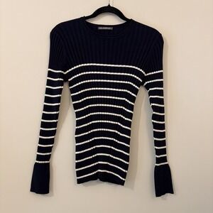 Alashan Cotton Cashmere Rib Knit Stripe Top Navy L Flare Sleeve Coastal Preppy